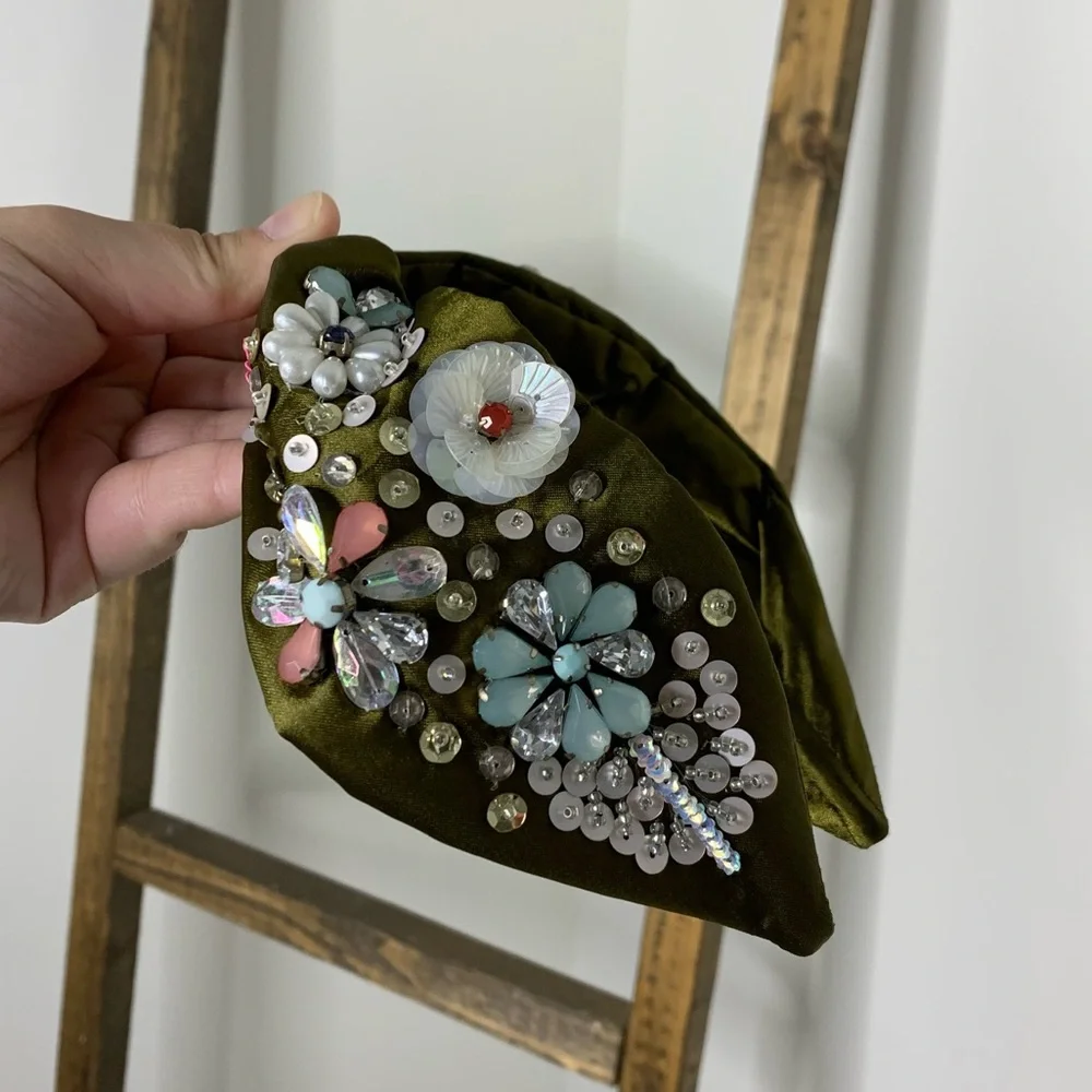 Treasure Jewels Embellished Olive Green Headband